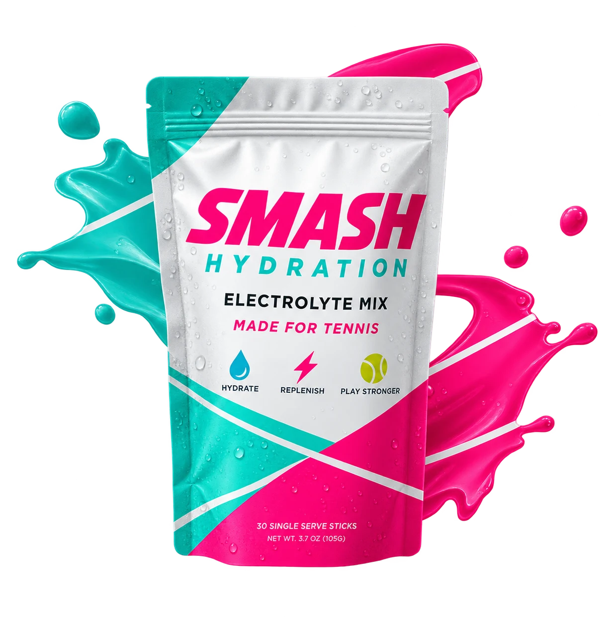 Smash Hydration pouch surrounded by colorful liquid splashes