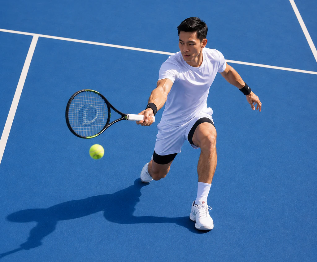A tennis player returning a fast shot