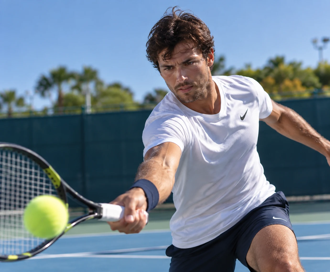 A tennis player returning a fast shot