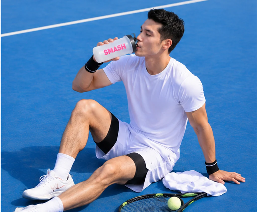 A tennis player drinking Smash Hydration