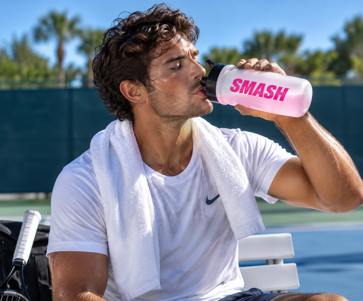 A tennis player drinking Smash Hydration