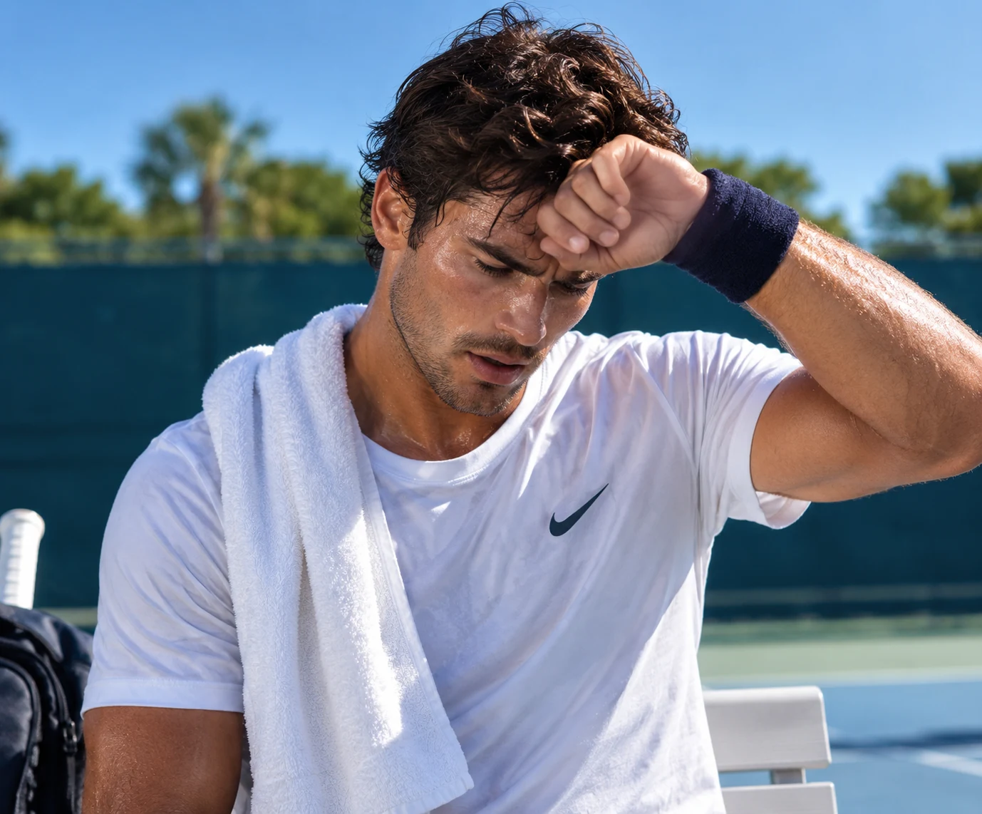 A tennis player wiping away sweat