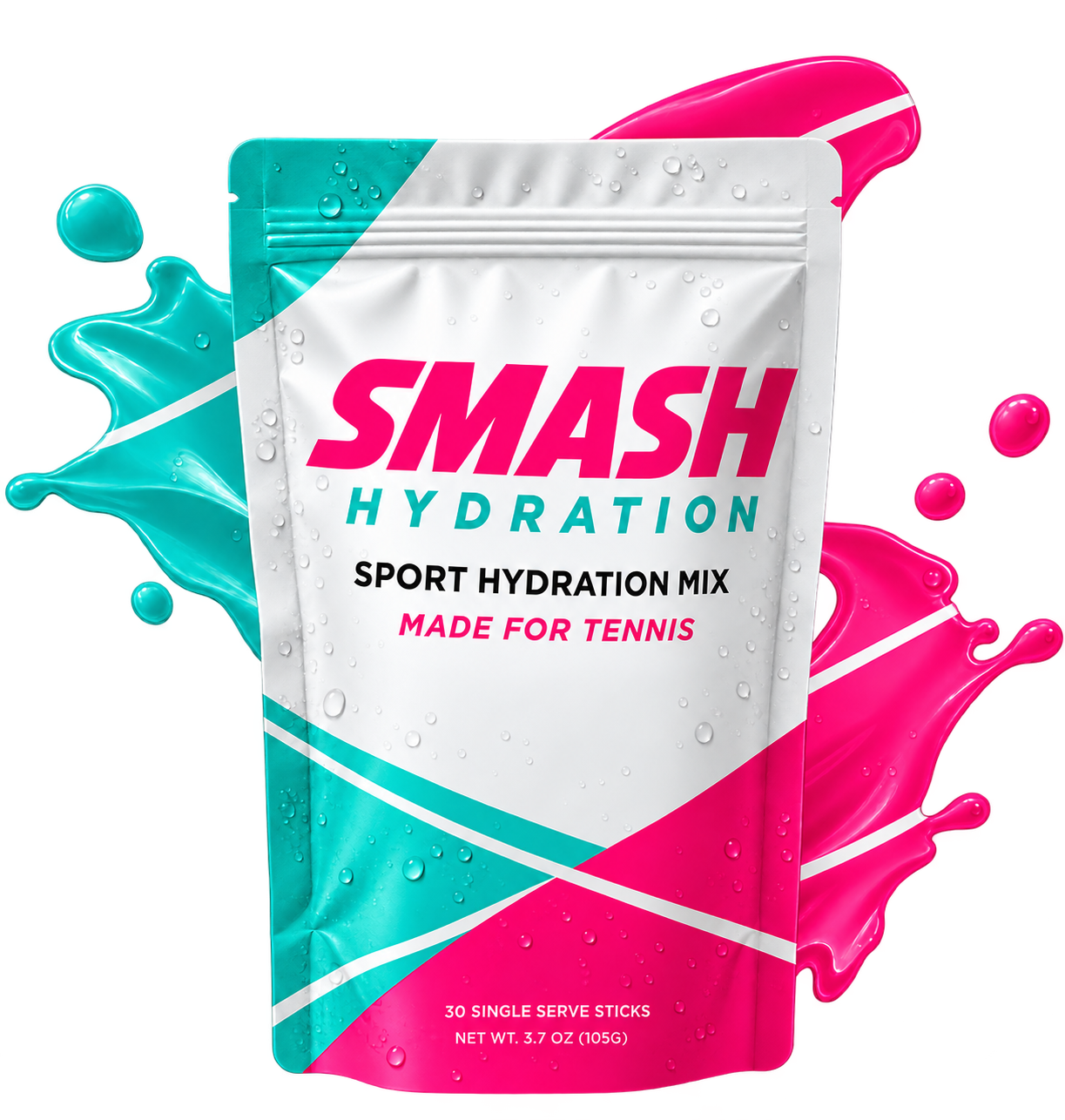 Smash Hydration pouch surrounded by colorful liquid splashes